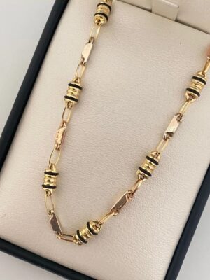 Cadena Rustica baeriles cauchos negros tres oro 18k 12.75gr/ 4.3mm/ 60cm/ broche 0.60